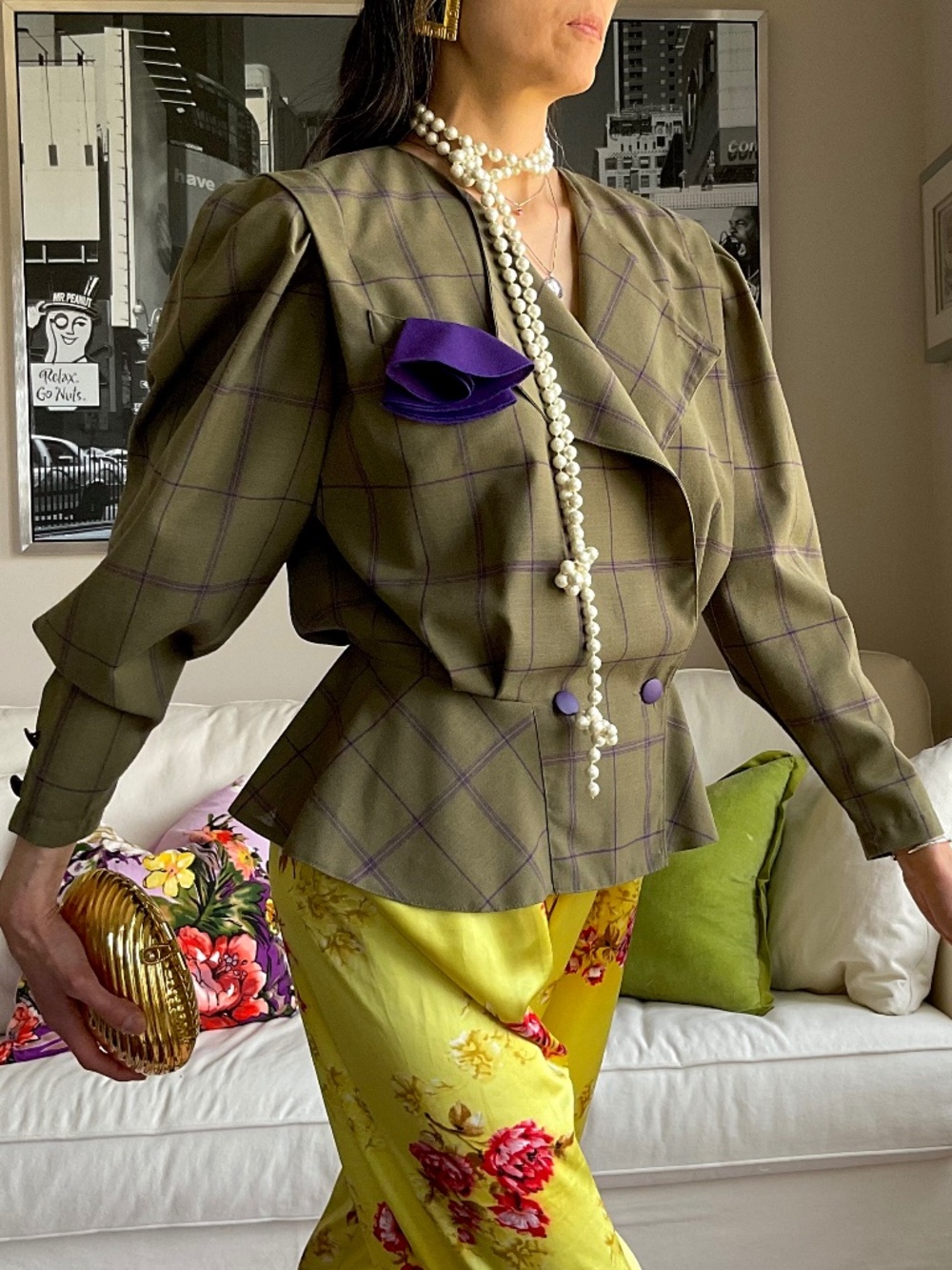Wool blend Moss green with purple check peplum blazer - Picture 2 of 16